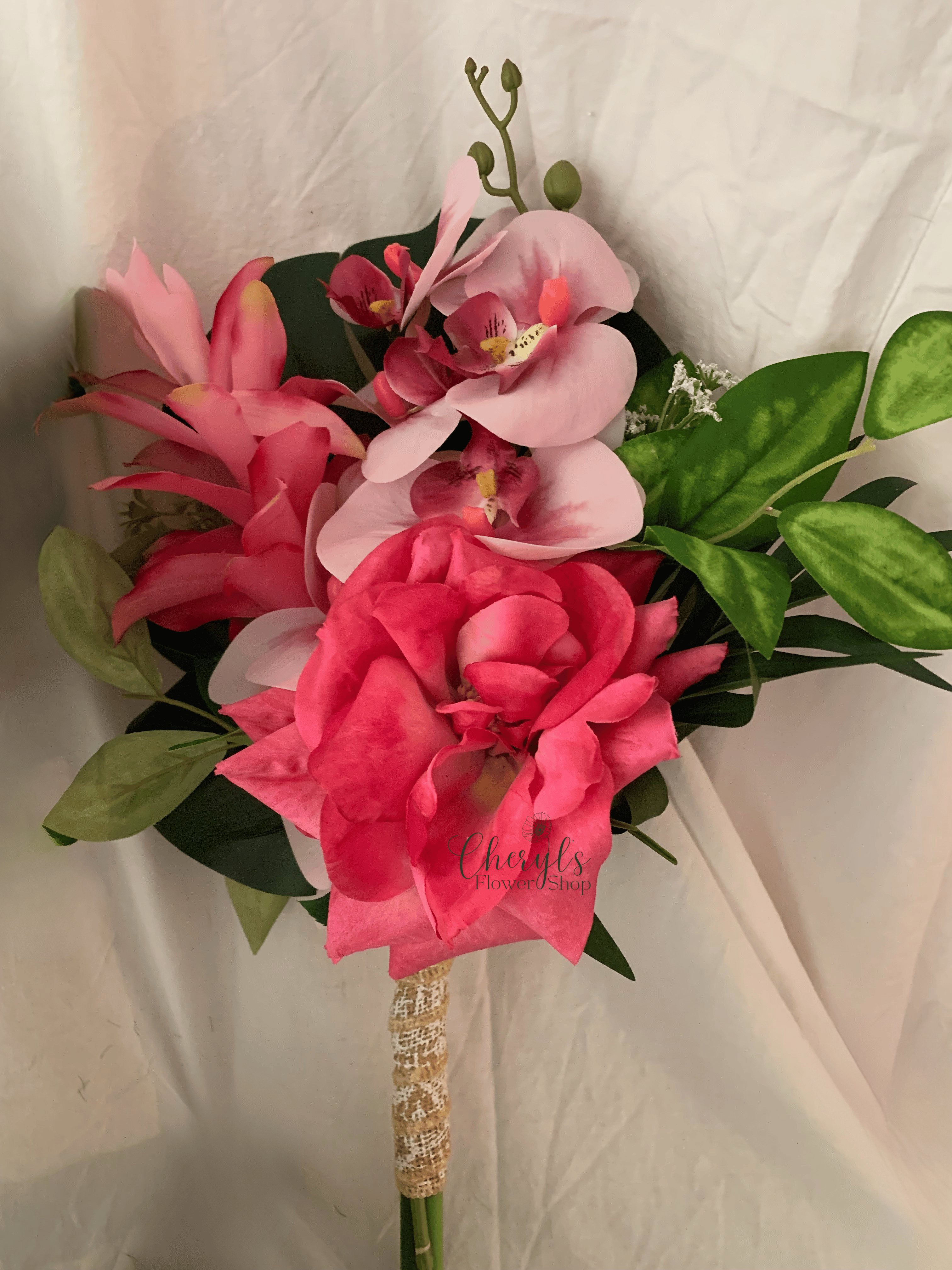 pink silk flower wedding bouquet