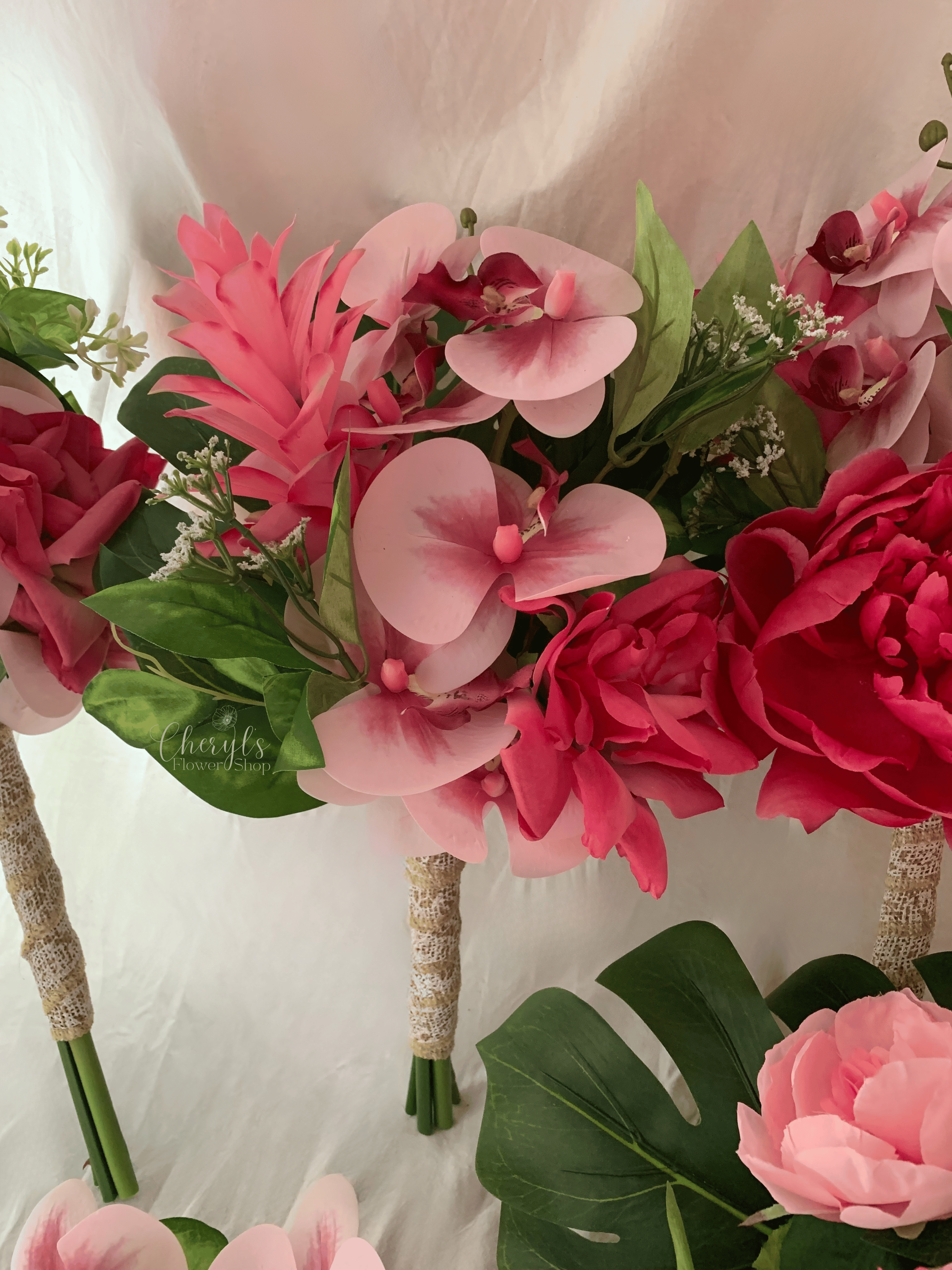 pink silk flower wedding bouquet