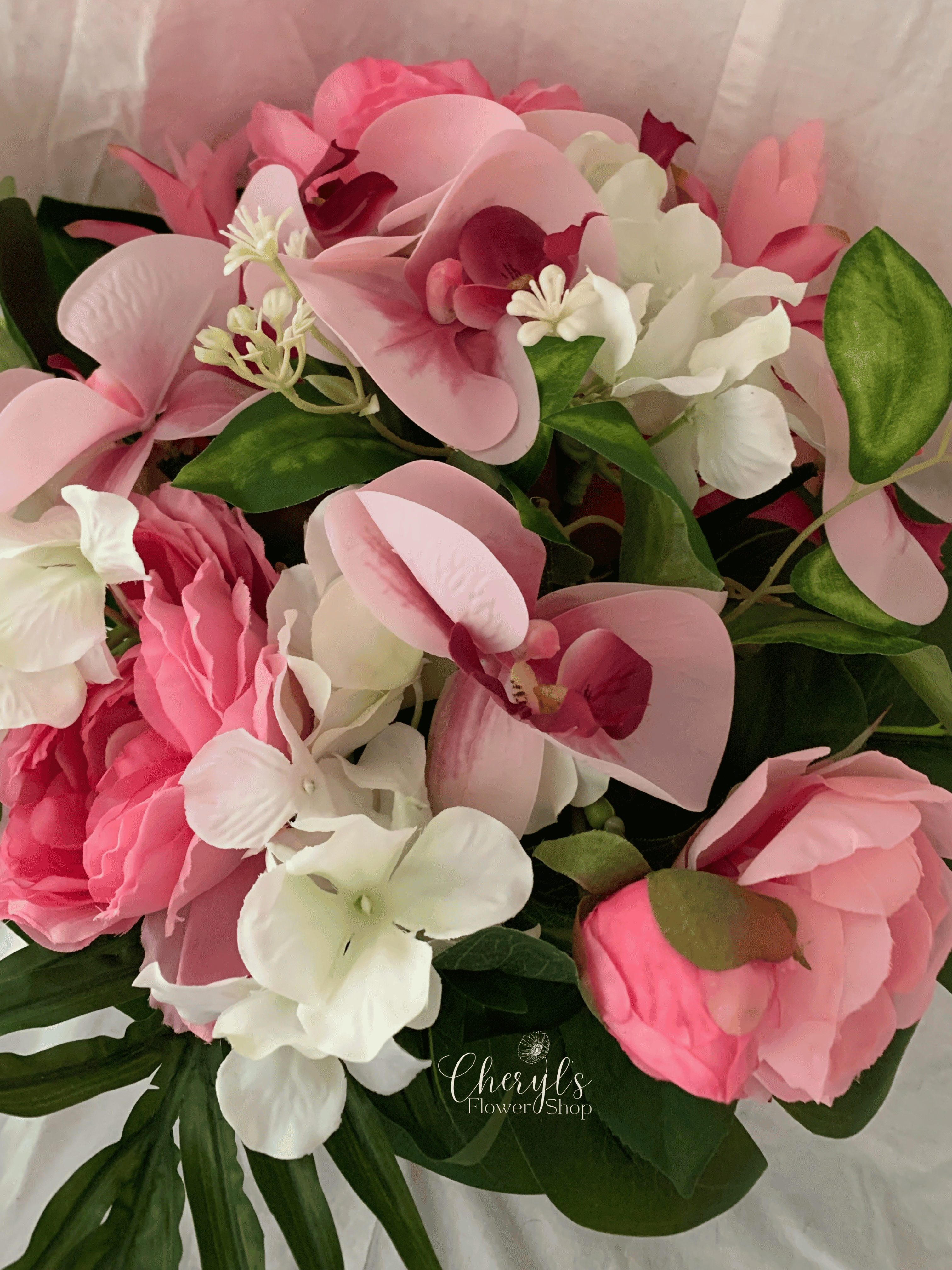 pink silk flower wedding bouquet