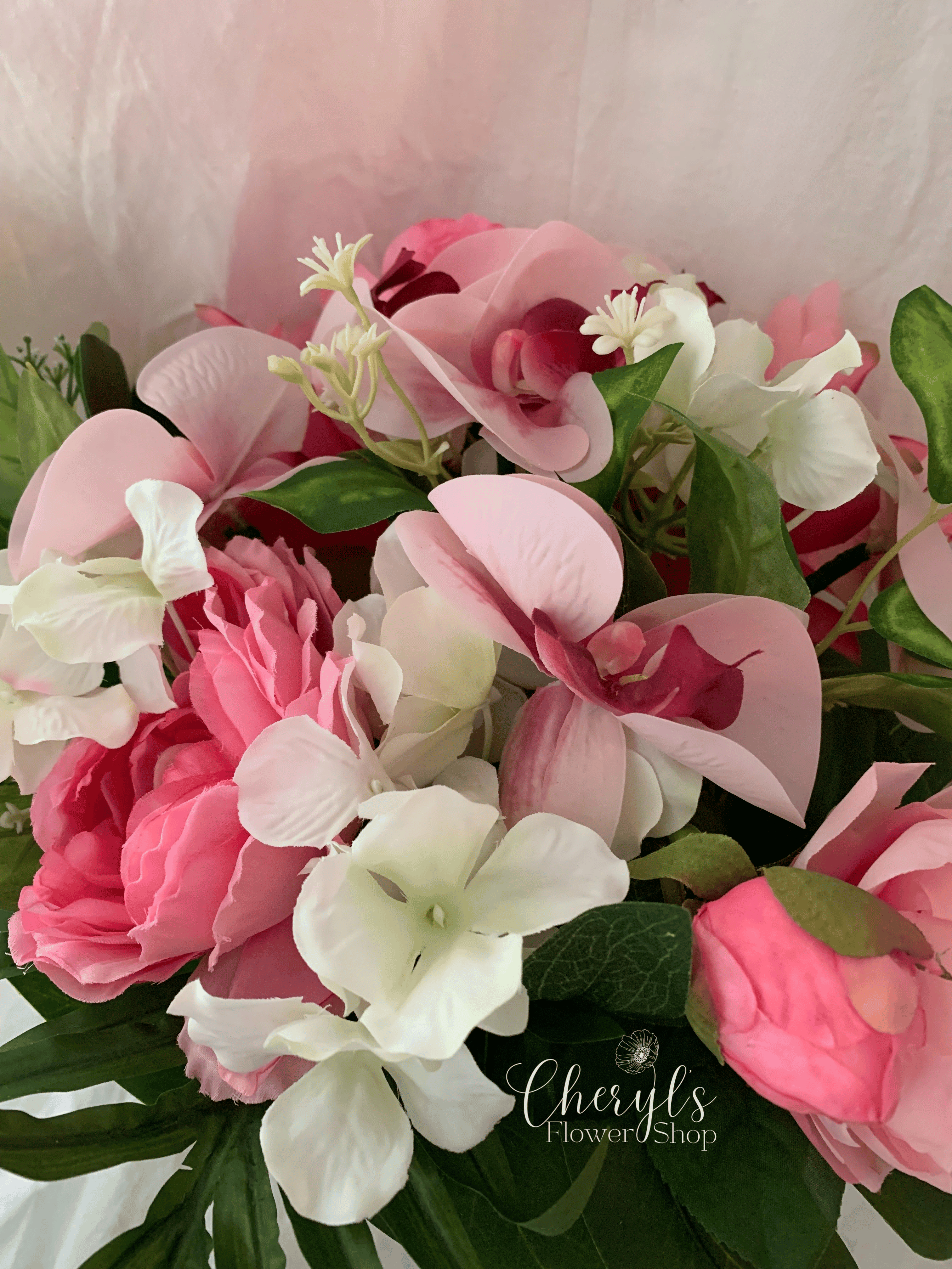 pink silk flower wedding bouquet