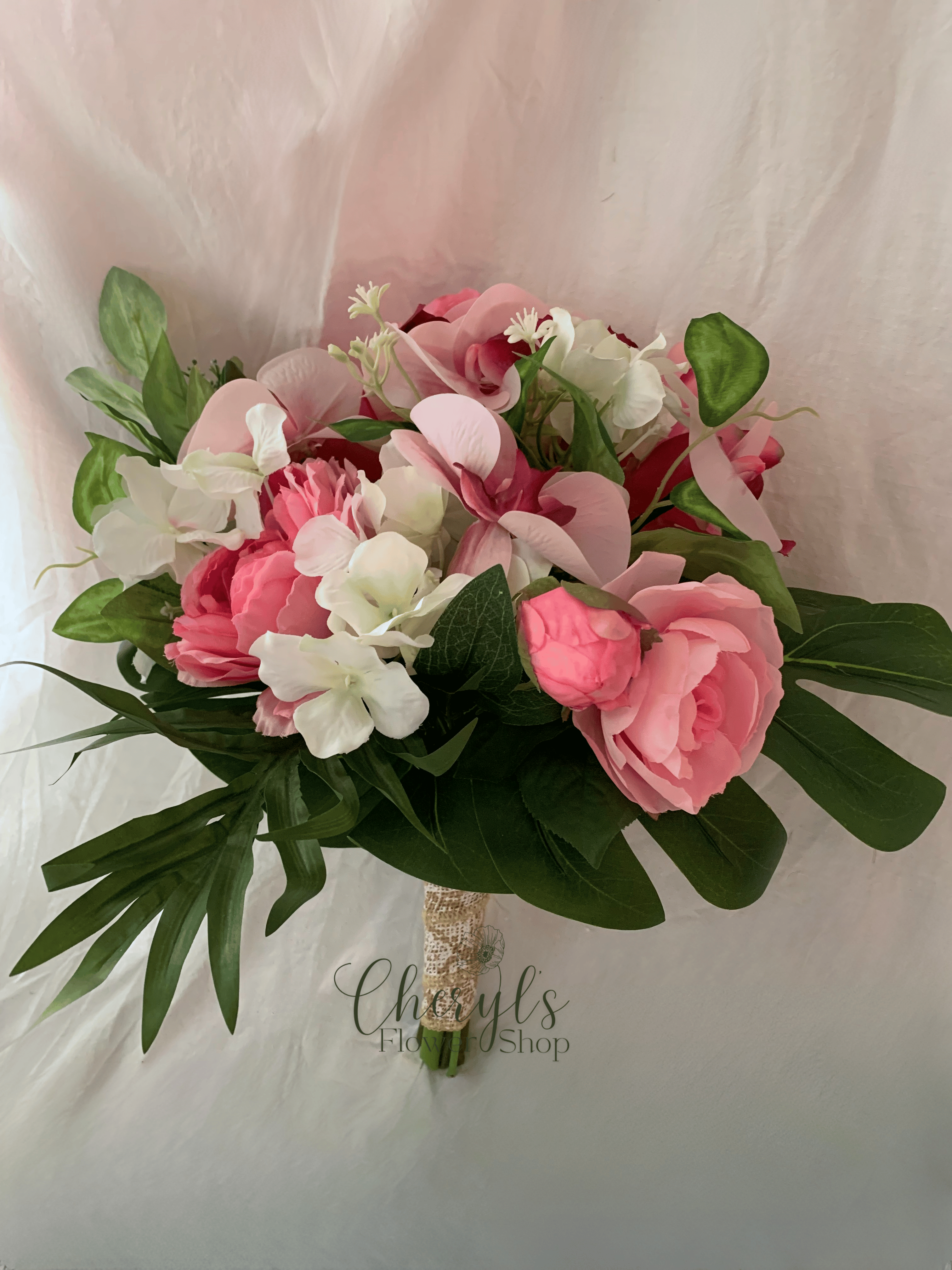 pink silk flower wedding bouquet